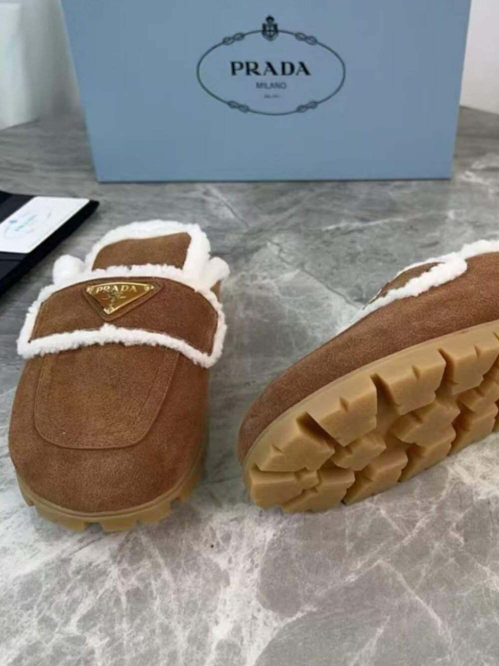 Fashion Prada Triangle Plate Warm Winter Mule Slides - Picture 7 of 8
